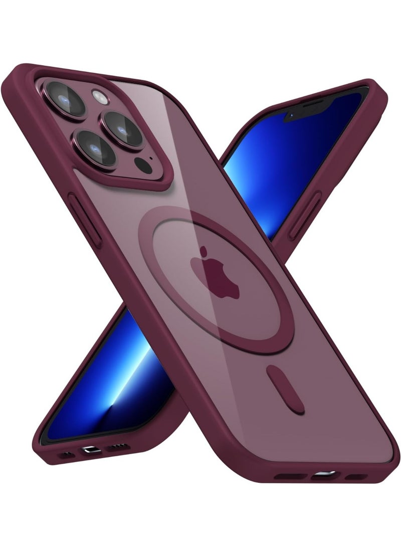 جراب مغناطيسي شفاف لهاتف آيفون 13 برو ماكس [مقاوم للصدمات ونحيف] غطاء خلفي صلب شفاف مع حماية عالية الجودة | أحمر داكن